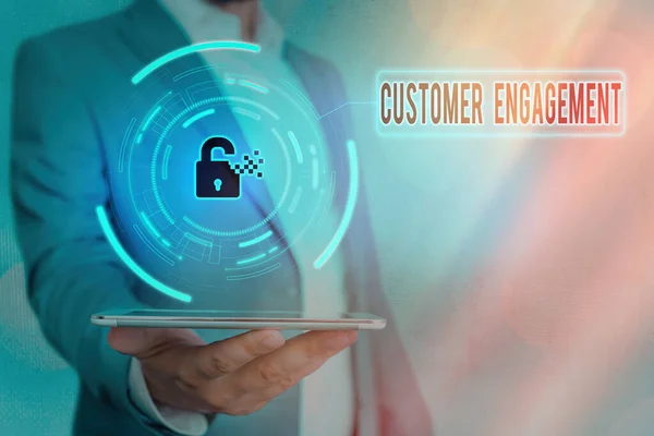 Handwriting text Customer Engagement. Concept meaning communication connection between a consumer and a brand Graphics padlock for web data information security application system. — Stock Photo, Image