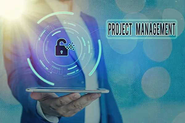 Handschrift tekst Project Management. Concept betekent praktijk van het werk van een team om specifieke doelen te bereiken Grafisch hangslot voor web data information security applicatie systeem. — Stockfoto