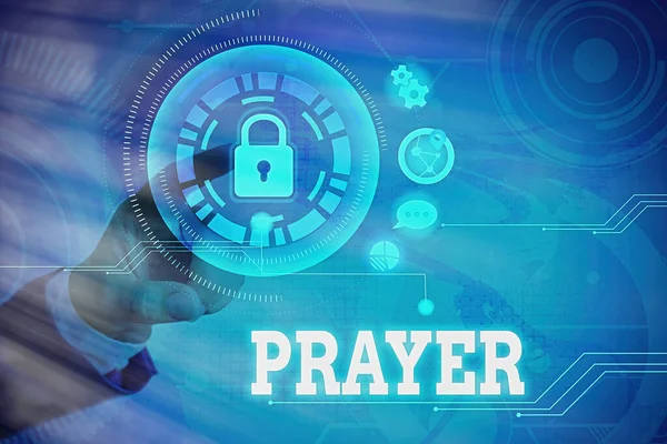 Word writing text Prayer. Business concept for solemn request for help or expression of thanks addressed to God Graphics padlock for web data information security application system. — Stock Photo, Image