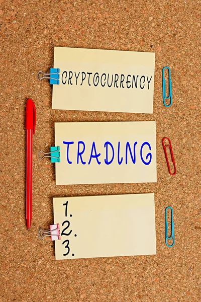 Word writing text Cryptocurrency Trading. Business concept for act speculating on price movements via a CFD account Vertical empty sticker reminder memo square billboard corkboard desk paper. — Stock Photo, Image