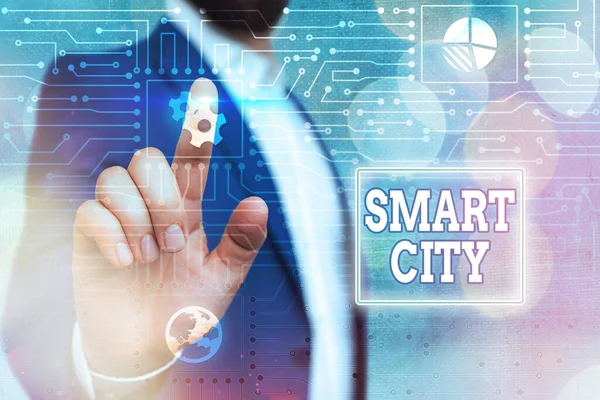 Textovka ukazující Smart City. Konceptuální foto městská oblast, která využívá komunikační technologie ke sběru dat Správa systému, Koncepce nástrojů pro nastavení ozubení. — Stock fotografie