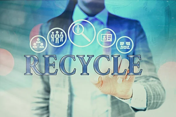 Handwriting text writing Recycle. Concept meaning process of converting waste materials into new materials and objects Information digital technology network connection infographic elements icon.