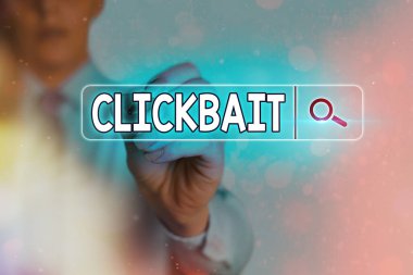 Clickbait 'i gösteren bir not yazıyorum. Asıl amacı gösteren iş fotoğrafı, belirli bir web sayfasının dijital bilgi fütüristik teknoloji ağı bağlantısına dikkat çekmektir.