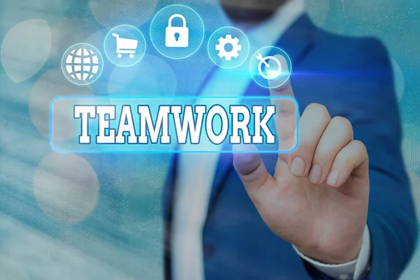 Handwriting text Teamwork. Concept meaning the group s is collaborative effort to accomplish a common goal Information digital technology network connection infographic elements icon. — Stock Photo, Image