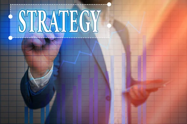 Text sign showing Strategy. Conceptual photo action plan or strategy designed to achieve an overall goal Ascending growth trends movement performance financial chart status report. — Stock Photo, Image