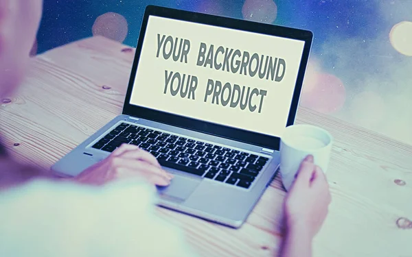 Conceptual hand writing showing Your Background Your Product. Business photo showcasing knowledge experiences discover business chances Modern gadgets white screen under colorful bokeh background.