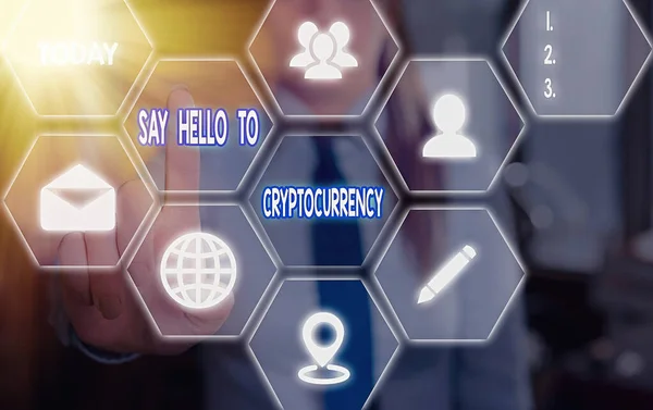 Handwriting text Say Hello To Cryptocurrency. Concept meaning Lead and advertise decentralized money exchange Grids and different set up of the icons latest digital technology concept.