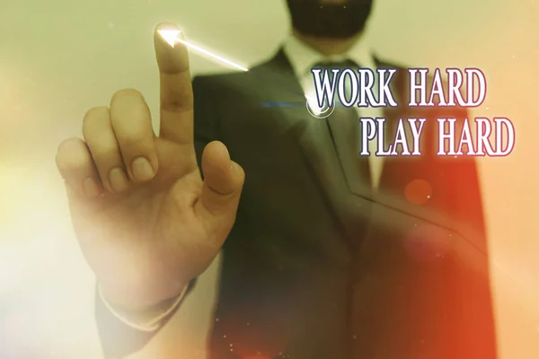 Text sign showing Work Hard Play Hard. Conceptual photo diligent in any activity Party at weekends Hardworking Ascending growth trends movement performance financial chart status report. — Stock Photo, Image