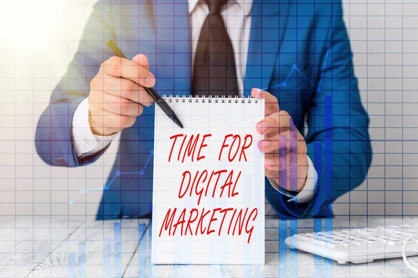 Γραπτό σημείωμα που δείχνει Ώρα για Ψηφιακό Μάρκετινγκ. Business photo showing advantage on technology Διαφήμιση στα μέσα κοινωνικής δικτύωσης. — Φωτογραφία Αρχείου