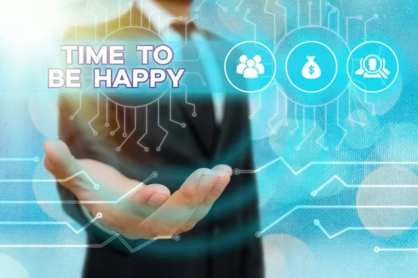 행복해 지기 위한 시간을 보여 주는 손 글씨이다. 업무 사진 텍스트 의미 작업 근로자 목적 행복 작업 시스템 관리자, 장비 구성 설정 설정. — 스톡 사진