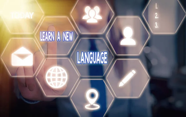 Handstilstext Lär dig ett nytt språk. Begreppet förmåga att kommunicera på det andra eller främmande språket Galler och olika uppsättning av ikoner senaste digitala teknik koncept. — Stockfoto