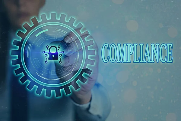 Writing note showing Compliance. Business photo showcasing the action or fact of complying with a wish or commands Graphics padlock for web data information security application system.