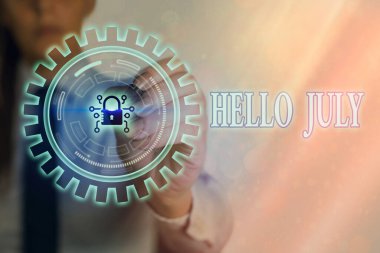 Hello July 'yi gösteren bir not yazıyorum. Önümüzdeki tatil ayı için heyecan ifadesi gösteren iş fotoğrafı web veri bilgi güvenlik uygulama sistemi için grafiksel asma kilit.