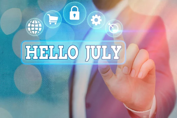 Kézírás szöveg Hello July. Koncepció jelentése izgalom kifejezése a nyaralás következő hónapjában Információs digitális technológia hálózati kapcsolat infografikai elemek ikon. — Stock Fotó