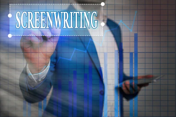 Text sign showing Screenwriting. Conceptual photo the art and craft of writing scripts for media communication Ascending growth trends movement performance financial chart status report. — Stock Photo, Image