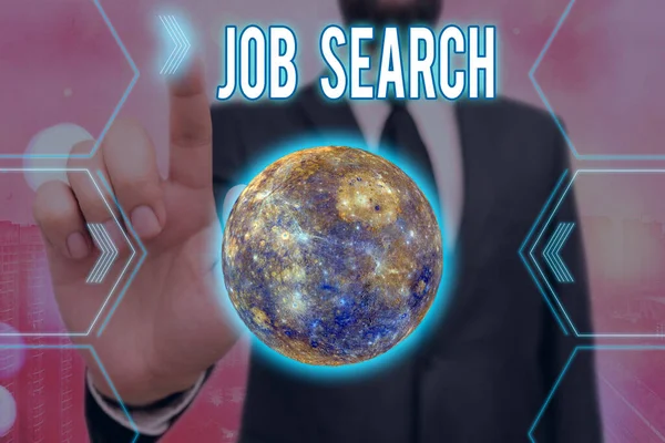 Handwriting text writing Job Search. Concept meaning an act of sourcing for job openings and apply for a position Futuristic icons solar system. Elements of this image furnished by NASA. — Stock Photo, Image