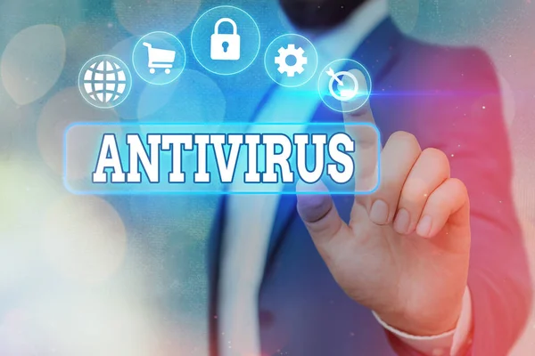 Χειρόγραφο κείμενο Antivirus. Έννοια κατάλληλη για την ανίχνευση και την απομάκρυνση ιών υπολογιστών Εικονίδιο πληροφοριακών στοιχείων σύνδεσης ψηφιακού δικτύου τεχνολογίας πληροφοριών. — Φωτογραφία Αρχείου