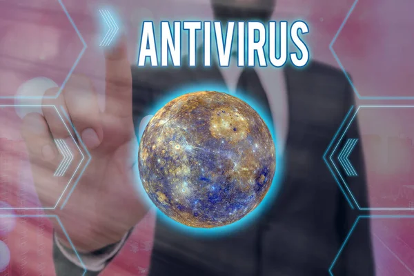 手書きテキスト書き込み｜Antivirus。コンピュータウイルスの検出と除去に適した概念的な意味未来的なアイコン太陽系。NASAによって提供されたこの画像の要素. — ストック写真
