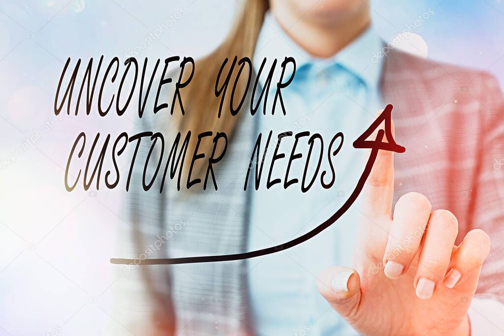Conceptual hand writing showing Uncover Your Customer Needs. Business photo showcasing reveal product and present solution to consumer Digital arrowhead curve denoting growth development concept.