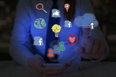 Bilgi Bilgisayarlaştırma Resimlerini Bilgisel Elementlerle Beleş Skeç Gösteriyor. Dijital Teknoloji, Sosyal Medya Ağı, İletişim, İş, Finansal Simgeler Konsepti