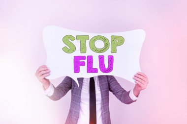 El yazısı Yazısı Gribi Durdur. Kavram, akciğerlerinizdeki ve hava yollarınızdaki viral enfeksiyona son verir. Boş baloncuklu sohbet etiketi notları kişisel fikir kavramını taklit eder..