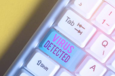 Virüs saptandı. Beyaz tuş kopyalama alanının üzerinde boş not kağıdı olan kötü amaçlı yazılımı engellemek ve kaldırmak için kullanılan bir bilgisayar programı kavramsal fotoğraf.