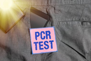 PCR Testi 'ni gösteren kavramsal el yazısı. İş fotoğrafında, pantolonunun ön cebinde cüzdanı bulunan DNA Smartphone cihazının kısa seqeunce içindeki viral genomun niteliksel tespiti gösteriliyor..
