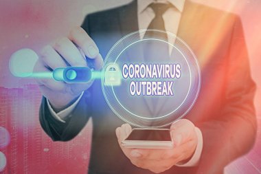Coronavirüs salgınını gösteren bir not yazıyorum. Yeni keşfedilen COVID19 Graphics veri güvenliği uygulama sistemi için asma kilidin yol açtığı bulaşıcı hastalıkları gösteren iş fotoğrafları.