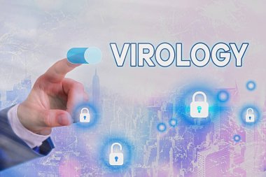 Virolojiyi gösteren kavramsal el yazısı. Bilimin çeşitli viral ajanlar ve hastalık grafikleri ile ilgilenen iş fotoğrafı bölümü web veri güvenlik uygulama sistemi için asma kilit.