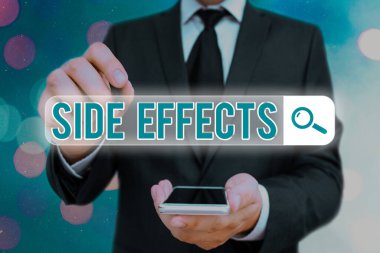 Kelime Yazma Yan Efektleri. Bir uyuşturucu veya tıbbi tedavinin tipik istenmeyen etkilerine yönelik iş konsepti. İnternet arama dijital bilgi fütüristik teknoloji ağı bağlantısı.