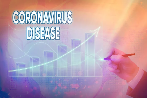 Manuscrito texto escrevendo Doença do Coronavírus. Conceito significado definido como doença causada por um novo vírus SARSCoV2 Símbolo de seta que vai para cima denotando pontos que mostram realização significativa . — Fotografia de Stock