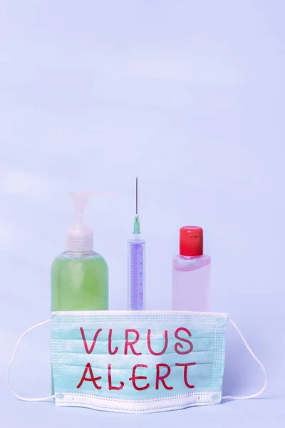 Word writing text Virus Alert. Business concept for a quick to notice any unusual and potentially dangerous Primary medical precautionary equipments for health care protection.