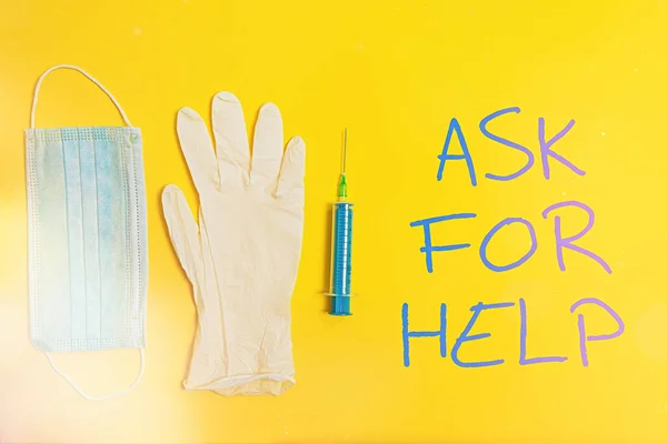 Text sign showing Ask For Help. Conceptual photo put a question or seek an answer or assistance from someone Primary medical precautionary equipments for health care protection.