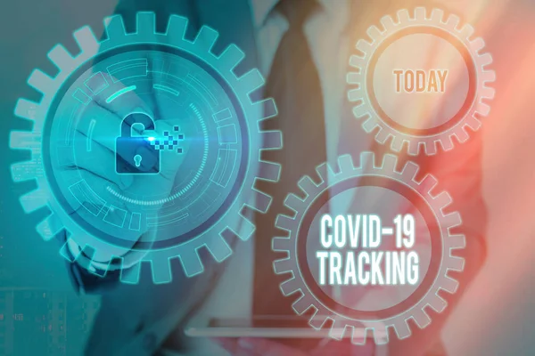 Skrivanteckning som visar Covid 19 Tracking. Företagsfoto visa upp Utmärkande process för eventuella infekterade individer Grafik hänglås för webbdata informationssäkerhet applikationssystem. — Stockfoto