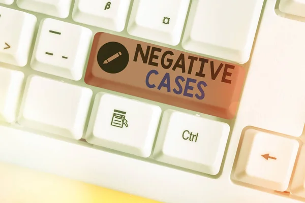 Writing note showing Negative Cases. Business photo showcasing circumstances or conditions that are confurmed to be false White pc keyboard with empty note paper above white key copy space. — Stock Photo, Image