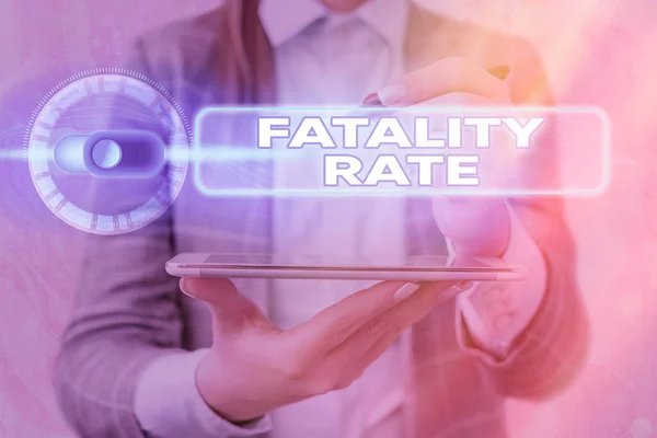 Escribir texto a mano Fatality Rate. Concepto que significa el número calculado de muertes en un rango específico de período Bloqueo gráfico para el sistema de aplicación de seguridad de la información de datos web . — Foto de Stock