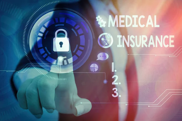 Conceptual hand writing showing Medical Insurance. Business photo showcasing system of financing the medical expenses of the insured Graphics padlock for web data security application system.