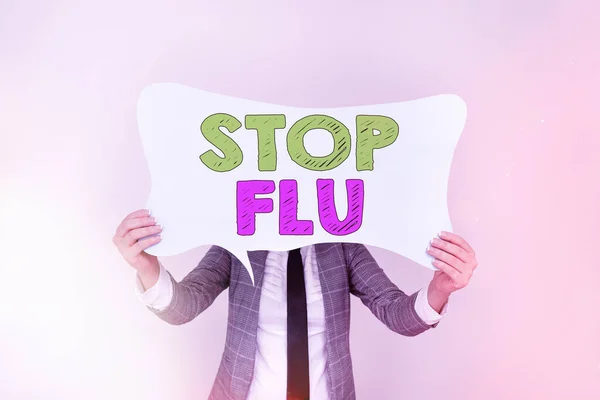 Kézírásos szövegírás: "Állítsd meg az influenzát". Koncepció jelentése véget vet a vírusos fertőzés a tüdő és a légutak Üres buborék chat matrica jegyzetek gúnyolódik hangsúlyozva személyes ötlet koncepció. — Stock Fotó
