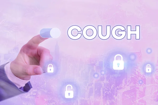 Conceptual hand writing showing Cough. Business photo text sudden expulsion of air throughout the passages to clear airways Graphics padlock for web data security application system. — Stock Photo, Image