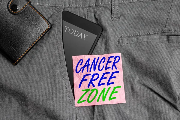 Text sign showing Cancer Free Zone. Conceptual photo supporting cancer patients and raising awareness of cancer Smartphone device inside trousers front pocket with wallet and note paper.