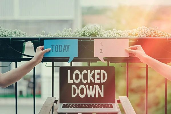 Conceptual hand writing showing Locked Down. Business photo text emergency measure which showing prevented from restricted area Empty bubble chat sticker mock up emphasizing personal idea. — Stock Photo, Image