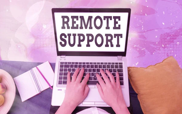 Word writing text Remote Support. Business concept for type of secure service, which permits representatives to help Modern gadgets with white display screen under colorful bokeh background.