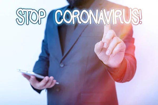 Handwriting text Stop Coronavirus. Concept meaning Disease awareness campaign fighting to lessen the COVID19 cases Model with pointing hand finger symbolizing navigation progress growth. — Stock Photo, Image