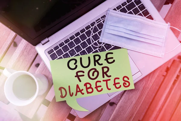 Woord schrijven tekst Cure For Diabetes. Bedrijfsconcept voor het zoeken naar medicatie door middel van insulonafhankelijk Set van medische apparatuur met notitieblok voor de beoordeling van de gezondheidstoestand. — Stockfoto