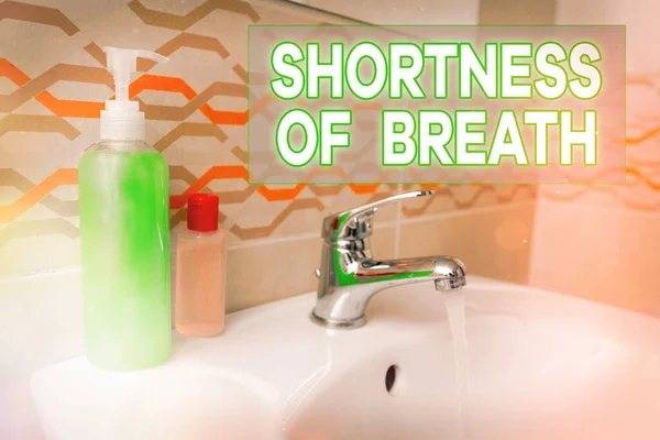 Text sign showing Shortness Of Breath. Conceptual photo intense tightening of the airways causing breathing difficulty Handwashing procedures for decontamination and minimizing bacterial growth.
