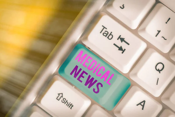 Text sign showing Medical News. Conceptual photo report or noteworthy information on a medical breakthrough White pc keyboard with empty note paper above white key copy space.