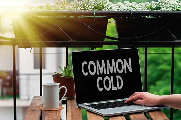 Handstilstext som skriver Common Cold. Begreppet innebär virusinfektion i övre luftvägarna främst påverkar näsan Personlig arbetsplatsöversikt med bärbar dator som används för individuellt intresse. — Stockfoto