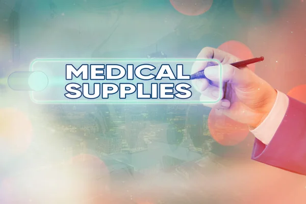 Text sign showing Medical Supplies. Conceptual photo Items necessary for treatment of illness or injury Graphics padlock for web data information security application system. — Stock Photo, Image