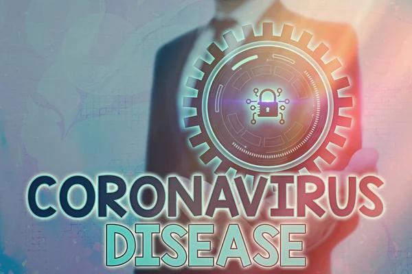 Escribiendo una nota que muestra la enfermedad por Coronavirus. Escaparate de fotos de negocios definido como enfermedad causada por un nuevo virus SARSCoV2 Graphics candado para el sistema de aplicación de seguridad de información de datos web . —  Fotos de Stock