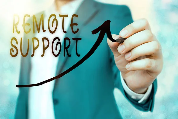 Writing note showing Remote Support. Business photo showcasing type of secure service, which permits representatives to help Digital arrowhead curve denoting growth development concept. — Stock Photo, Image